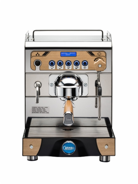 Carimali Genius Espressomaschine 1-gruppig, Edelstahl mit Holzgriffen, Frontansicht
